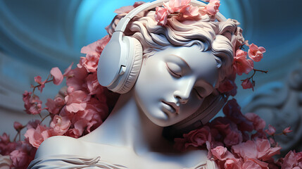 Ancient female greek sculpture wearing headphones, modern art, 3d, wallpaper. Ai generated