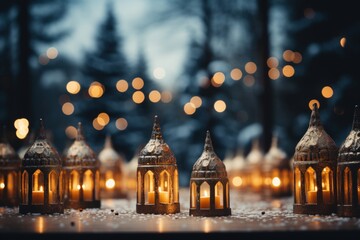 Obraz premium 3D render Christmas tree and present and snow on bokeh background.