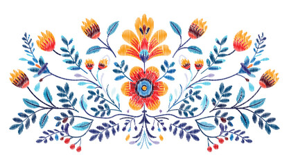 Fototapeta na wymiar Mexican flower traditional pattern background. Mexican ethnic embroidery decoration ornament. Flower symmetry texture. Ornate folk graphic, wallpaper. Festive mexican floral motif. Vector illustration