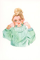Watercolor portrait female painting image