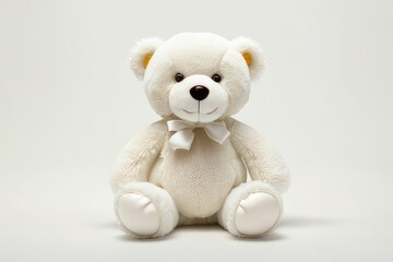 white teddy bear sitting up against a plain background