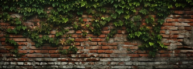 Long-standing wall background with ivy-engulfed, faded bricks - obrazy, fototapety, plakaty