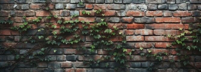 Long-standing wall background with ivy-engulfed, faded bricks