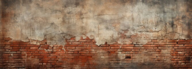 Old wall background with dust-layered, stained bricks bearing the marks of weather and time - obrazy, fototapety, plakaty