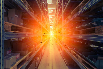 Symmetrical perspective of an industrial rack inside a commercial warehouse facility.