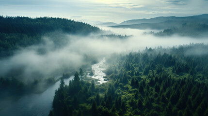 Obraz premium The Foggy Forest in the Mountains. Generative Ai