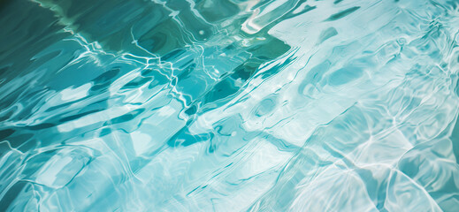 Water surface background with bright blue color and white highlights. Rippled texture and abstract patterns. Close up perspective and horizontal orientation.