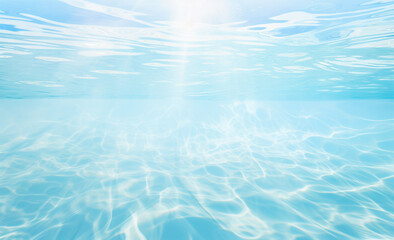 Underwater view of blue water surface and ripples. Sun spot and sky reflection. Low angle view. Light blue water background.