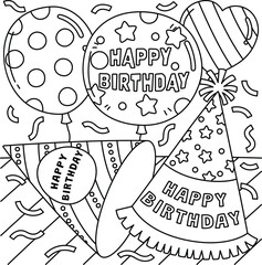 Birthday Party Hats and Balloons Coloring Page