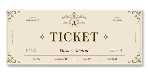  Vintage ticket template on a light background with golden accents. For excursion routes, retro parties, clubs and other projects. Just add your own text. Vector, can be used for printing. - obrazy, fototapety, plakaty
