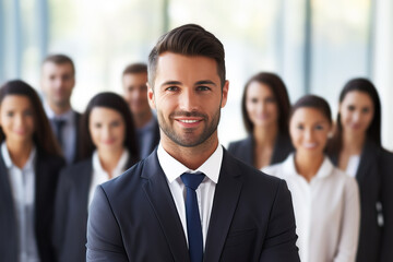 Obraz premium portrait of a young businessman with blurry group in the background, ai generated