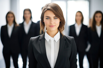 portrait of a woman in suit with blurry group in the background, ai generated