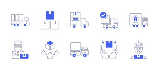 Fototapeta na wymiar Delivery icon set. Duotone style line stroke and bold. Vector illustration. Containing delivery truck, shipping, delivery service, delivery woman, satisfaction, truck, delivery, delivery man.