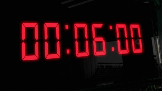 High quality CGI render of a digital countdown timer on a wall-mounted screen, with glowing red numbers, counting down from 10 to zero, with dramatic left to right camera move