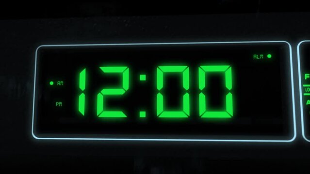 High quality CGI render of a digital alarm clock, with glowing green numbers, ticking over from 11.59 to 12.00 a.m. with camera slowly pushing in dramatically - witching hour