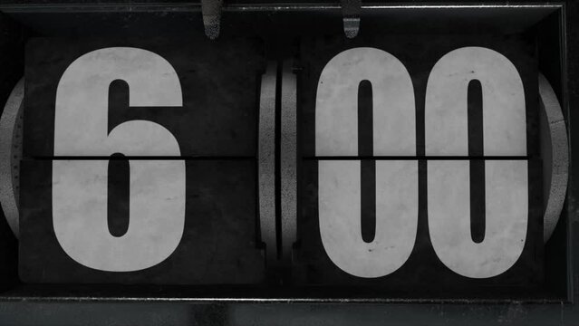 High quality CGI render of an old style industrial looking flip clock ticking over from 5.59 to 6.00 a.m. with camera slowly pushing in dramatically - wake up time