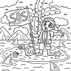 Fototapeta na wymiar Pirate with SOS Flag Coloring Page for Kids
