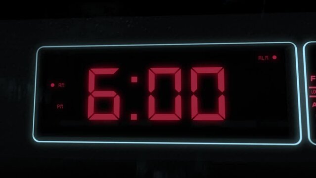 High quality CGI render of a digital alarm clock, with glowing red numbers, ticking over from 5.59 to 6.00 a.m. with camera slowly pushing in dramatically - wake up time