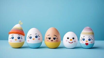 A cute Easter egg family character with hats and faces drawn. Easter holidays concept on blue background with copy space
