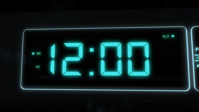High quality CGI render of a digital alarm clock, with glowing pale blue numbers, ticking over from 11.59 to 12.00 a.m. with camera slowly pushing in dramatically - witching hour
