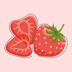 Red strawberries and a slice of berries of different transparency with a riso print effect isolated on a pink background