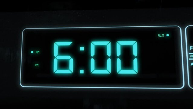 High quality CGI render of a digital alarm clock, with glowing pale blue numbers, ticking over from 5.59 to 6.00 a.m. with camera slowly pushing in dramatically - wake up time