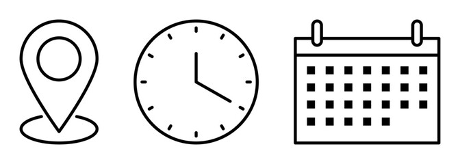 Time, date, and address icon. Line art style. Vector illustration isolated on white background