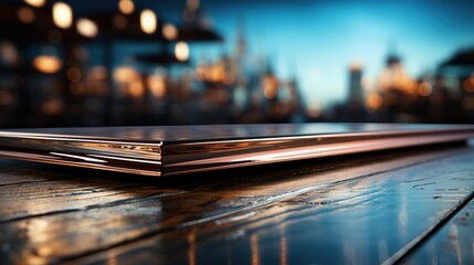 Fototapeta premium A front view of a luxurious silver metallic empty table for product placement, set against a dark, blurry city background, serves as a blank metallic table mockup 