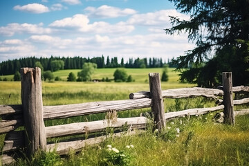 Fototapeta premium An old rustic wooden fence is in a grass filed with trees and clouds in the background for a country or nature