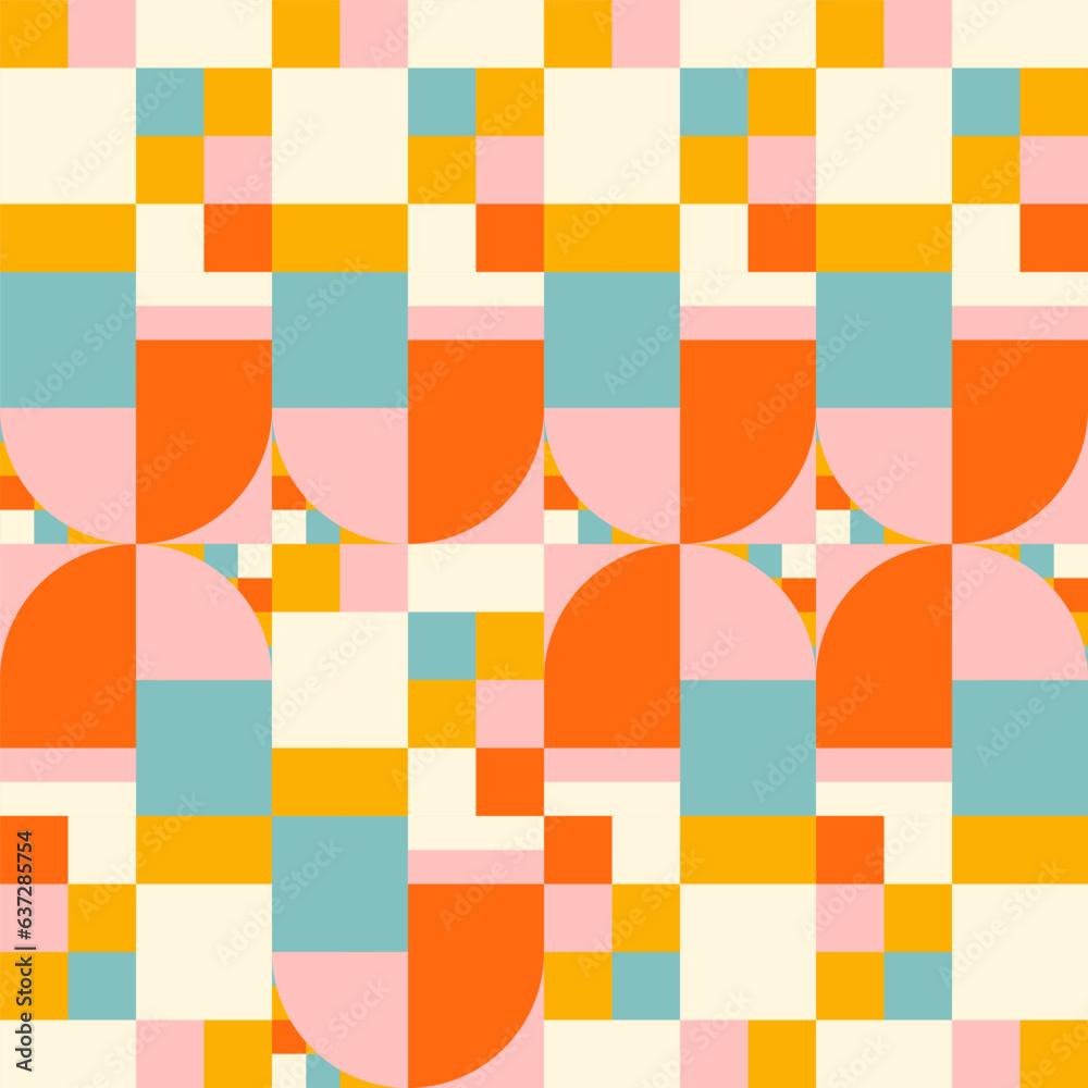 Poster simple geometric seamless pattern. modern abstract background with circle, semi circle, square, rect