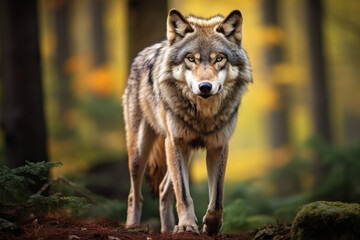 Naklejka na ściany i meble Beautiful adult male wolf standing in the woods