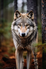 Naklejka na ściany i meble Beautiful adult male wolf standing in the woods
