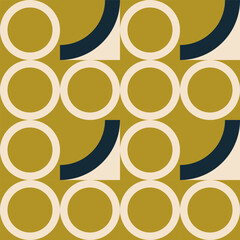 Simple geometric seamless pattern. Modern abstract background with circle, semi circle, square, rectangle stripe shapes in mustard yellow, black and white.