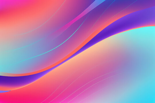 Neon graphic. Glowing curves. Blur bright pink cyan blue orange color gradient light wave abstract art illustration background with free space.
