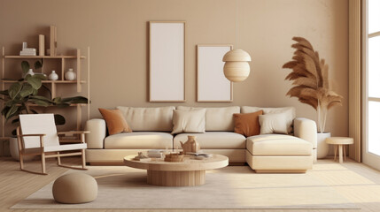 Fototapeta na wymiar Cozy living room decorated warm tone scandinavian style mixed modern style with soft sofa,spring tree pot and lamp,interior home design concept. Generative Ai