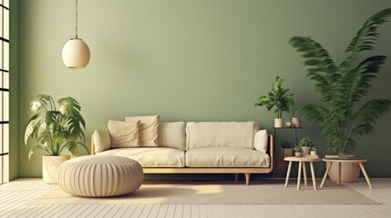 Cozy living room decorated warm tone scandinavian style mixed modern style with soft sofa,spring tree pot and lamp,interior home design concept. Generative Ai