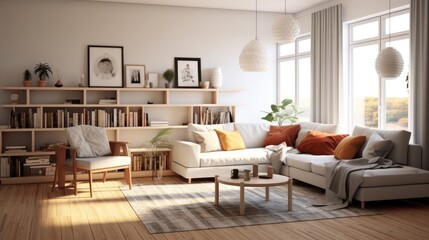 Fototapeta na wymiar Cosy living room decorating scandinavian style mixed modern style with ,bookshelf,sofa bed,and lamp,interior home design concept.