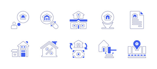 Real estate icon set. Duotone style line stroke and bold. Vector illustration. Containing house, search, detached, location, document, discount, income, gavel, plot.