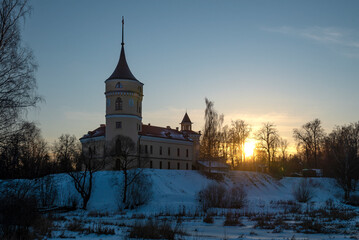 View of the ancient Bip Castle at sunset. Pavlovsk, St. Petersburg neighborhood