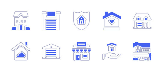 Real estate icon set. Duotone style line stroke and bold. Vector illustration. Containing house, garage, insurance, home, smart home, agency.