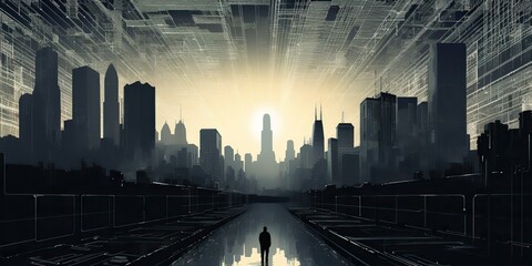 AI Generated. AI Generative. Future cyberpunk abstract city urban town architecture background with man character person standing. Cityscape decoration landscape background concept