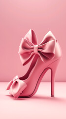 Pink women's shoes with bows on a pink background, generative AI.