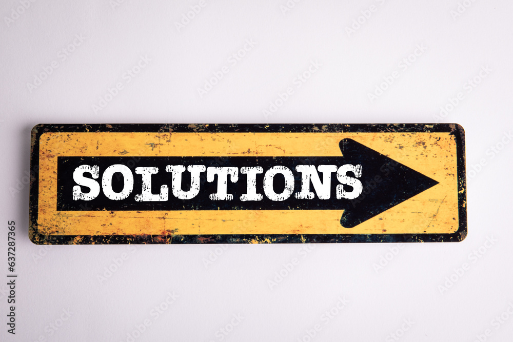 Poster solutions concept. direction arrow with text on white background