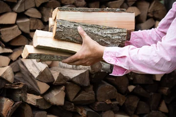 Keuken spatwand met foto Preparing for the heating season with wood heating. Firewood in the hands of woman © STOATPHOTO