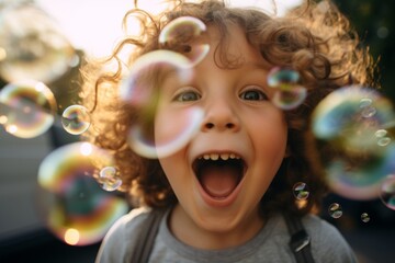 Joyful happy laughing Caucasian child son 5s kid boy children laugh excited smiling open mouth amazed enjoy playing with air soap bubbles having fun happiness childhood summer vacation family holiday