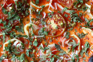 Vegetarian pizza with tomatoes, macro