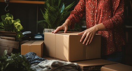 Woman unpacks items from boxes after moving - obrazy, fototapety, plakaty