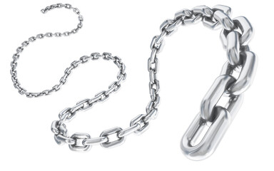 3d model of metallic steel chain on white isolated background with glossy texture