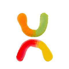 Letter X made of multicolored gummi worms and isolated on transparent background png. Food alphabet...