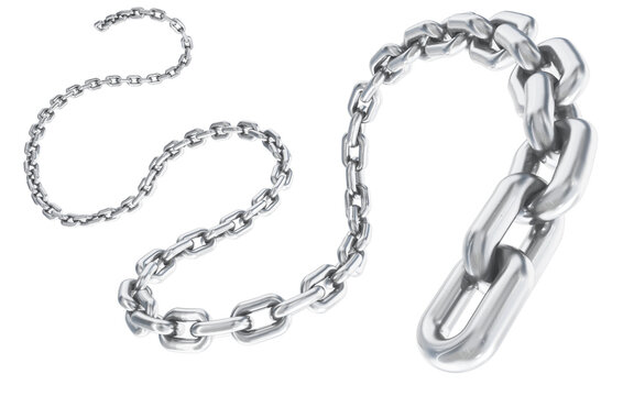 3d model of metallic steel chain on white isolated background with glossy texture